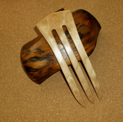 Quilted Maple 3 prong hair fork by Jeter and sold in the UK by Longhaired Jewels